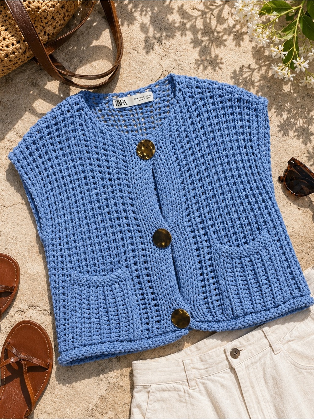 Zara Blue Crochet Knit Sweater Vest Small Boxy Button Front Pockets Coastal Chic